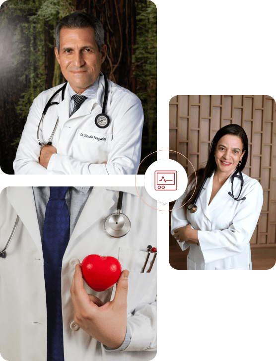 Consultas e exames cardiológicos em um só lugar -uma colagem de um médico e uma mulher