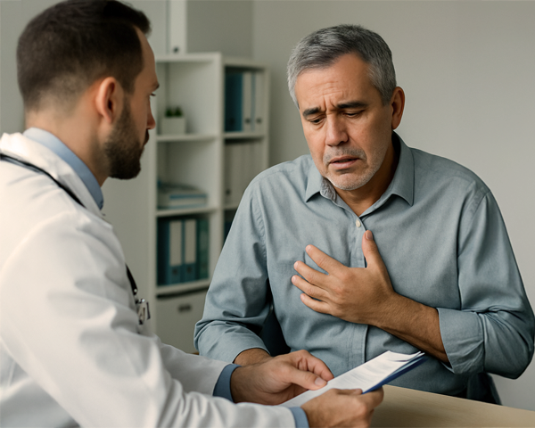 A imagem mostra um homem aparentando dor ou desconforto no peito, conversando com um médico. Essa cena pode transmitir a ideia de exaustão emocional associada a sintomas físicos, como dores e aperto no peito, que muitas vezes estão ligados ao estresse ou à ansiedade.